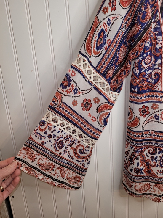 Umgee Boho Blue, Rust & Cream Paisley Peasant Lace-Up Top with Crochet Size S - Picture 3 of 6